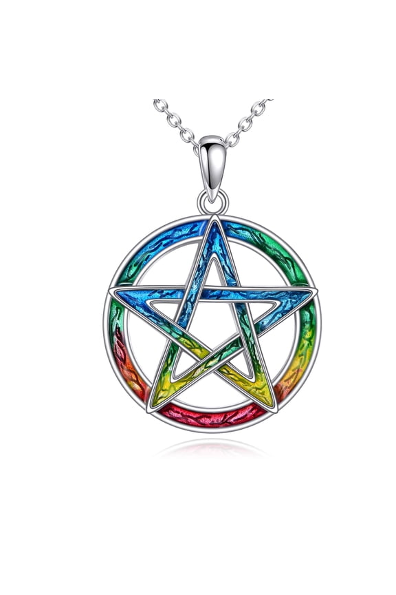 Pentagram Necklace 925 Sterling Silver Circle Rainbow Pentacle Pendant Mystic Symbol Jewelry Gift for Women