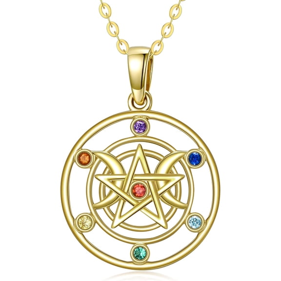 MYSTICPOEM Pentagram Necklace Jewelry for Women 14K Gold Chakra Pentacle Pendant Necklace for Women Real Yellow Gold Pagan Wiccan Magic Amulet Necklace Gifts for Mom Mother
