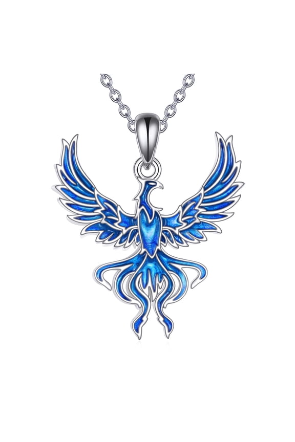 Phoenix Necklace 925 Sterling Silver Phoenix Rising Pendant Necklace Rise from the Ashes Phoenix Jewelry for Women (Red/Blue) (Blue)