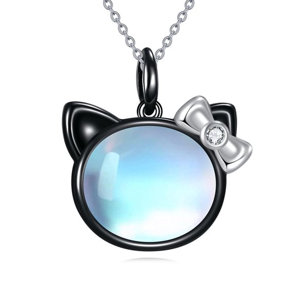 MYSTICPOEM RIDER Cat Necklace Sterling Silver Cute Cat Necklace Moonstone necklace Jewelry for Women