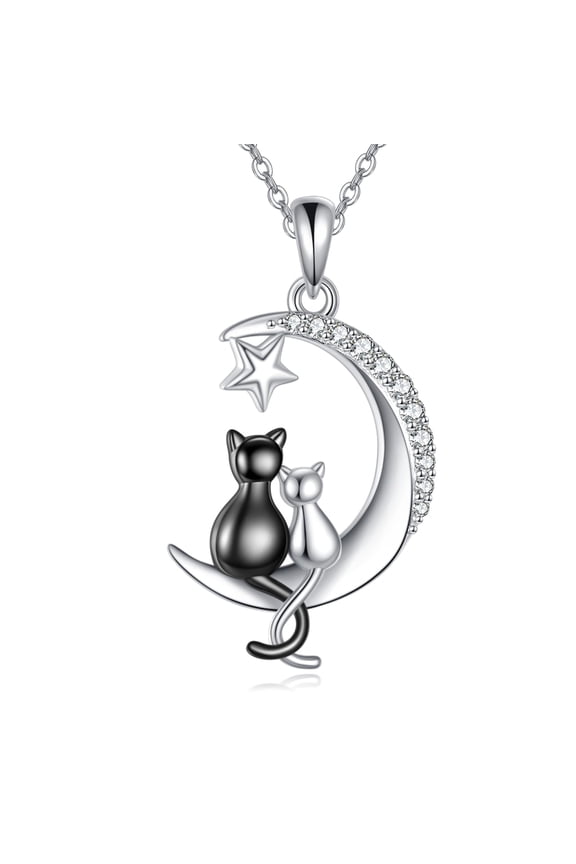 RIDER Mother's Day Black Cats Necklace 925 Sterling Silver Cat Gifts for Animals Lovers Moon Jewelry for Women (Black Cat)