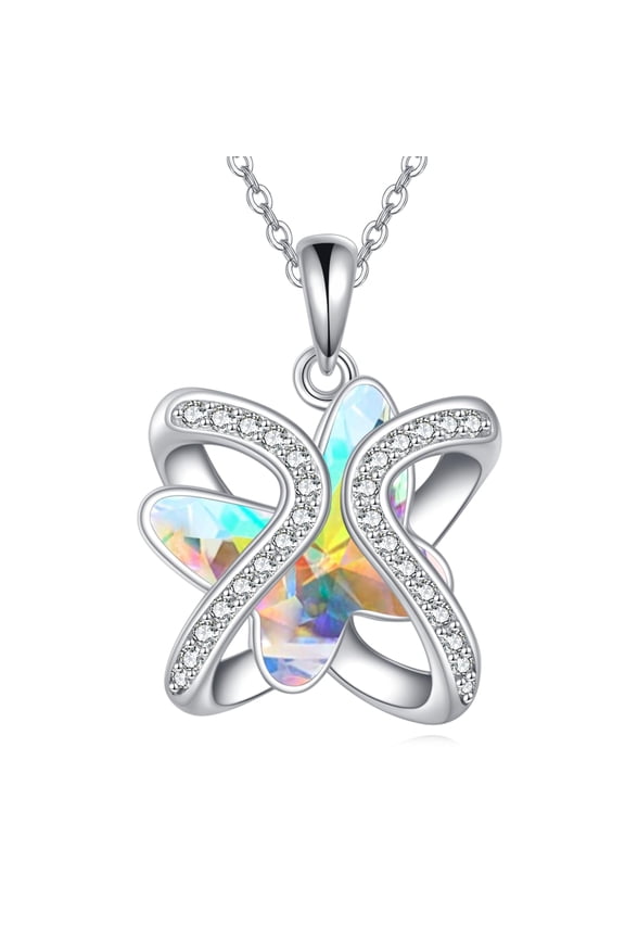 Rainbow Opal White Crystal Necklace 925 Sterling Silver Crystal Pendant Necklace for Women