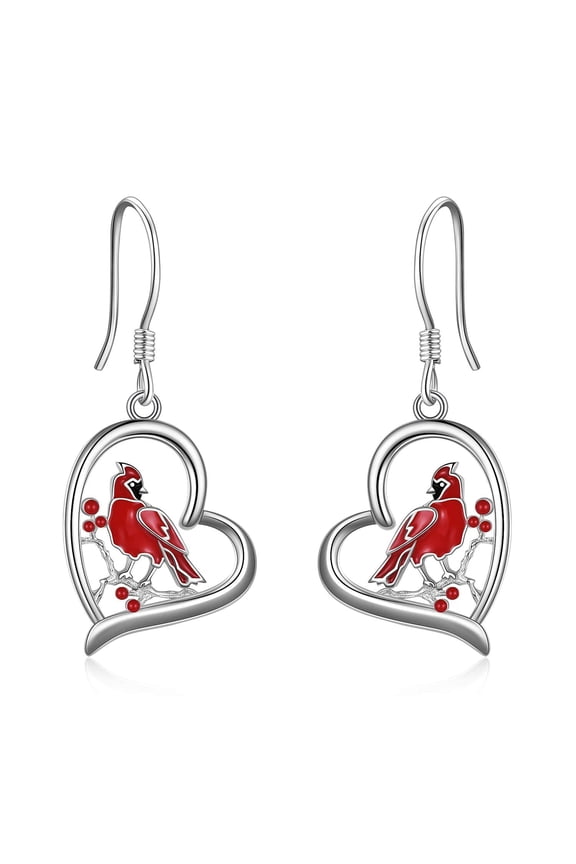 Red Bird Cardinal Earrings for Women S925 Sterling Silver Red Cardinal Dangle Heart Bird Jewelry