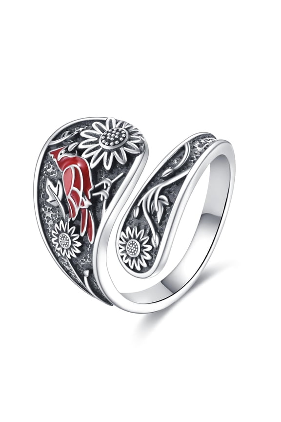 Red Cardinal Sunflower Ring Sterling Silver Vintage Spoon Ring Jewelry Gifts for Women
