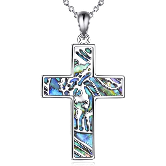 MYSTICPOEM Religious Cross Necklace 925 Sterling Silver Crucifix Origami Cross Pendant Necklace Faith Abalone Shell Jewelry Gifts for Women Men