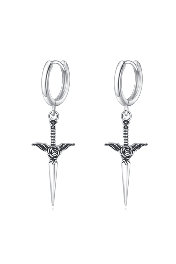 Rose Dagger Earrings 925 Sterling Silver Rose Drop Earrings Dagger Dangle Earrings Rose Sword Jewelry Gift for Women Men