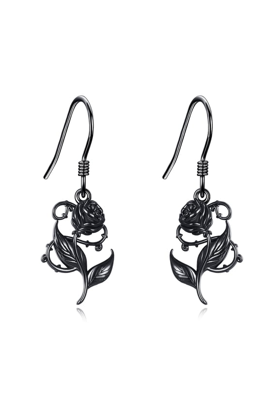 Rose Earrings Sterling Silver Black Rose Dangle Earrings Vintage Flower Drop Earrings Gothic Jewelry for Women Promise Gifts for Wife Mom