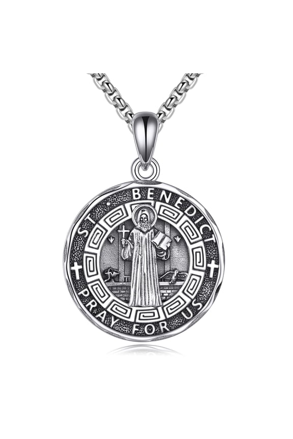 Saint Benedict Necklace Sterling Silver Religious Protector Pendant St Benedict Jewelry Gifts for Women Men