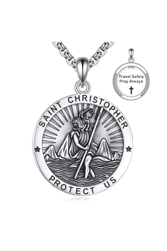 Saint Christopher Necklace 925 Sterling Silver St Christopher Pendant Christian Jewelry Gifts for Men Women Family Friends Religious Protection Amulet