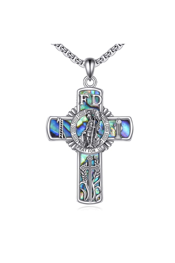 Saint Florian Cross Necklace Sterling Silver Religious Protector Pendant St Florian Jewelry Firefighters Gifts for Women Men