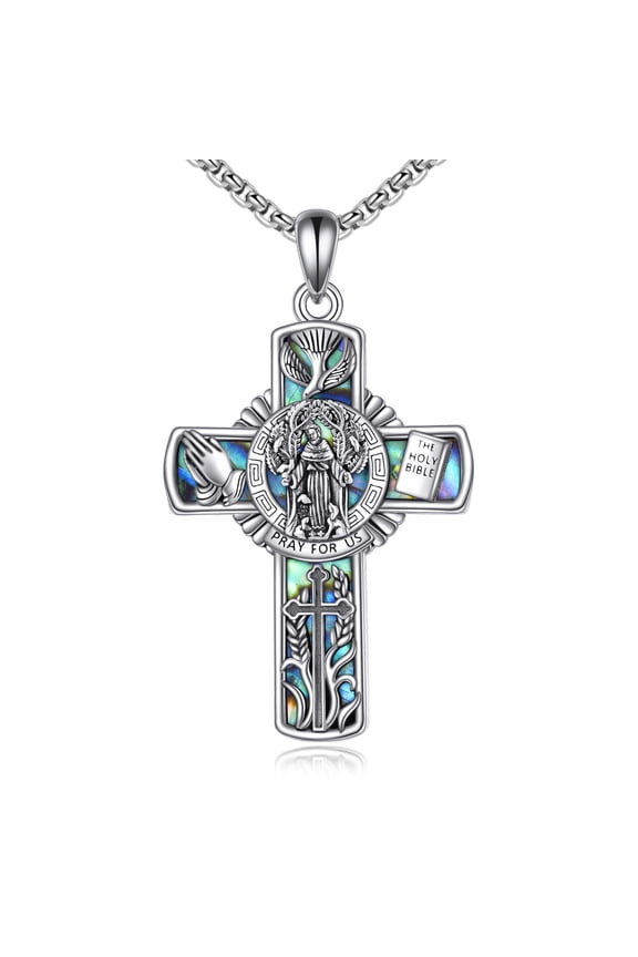 Saint Francis Cross Necklace Sterling Silver Religious Protector Pendant St Francis Jewelry Gifts for Women Men