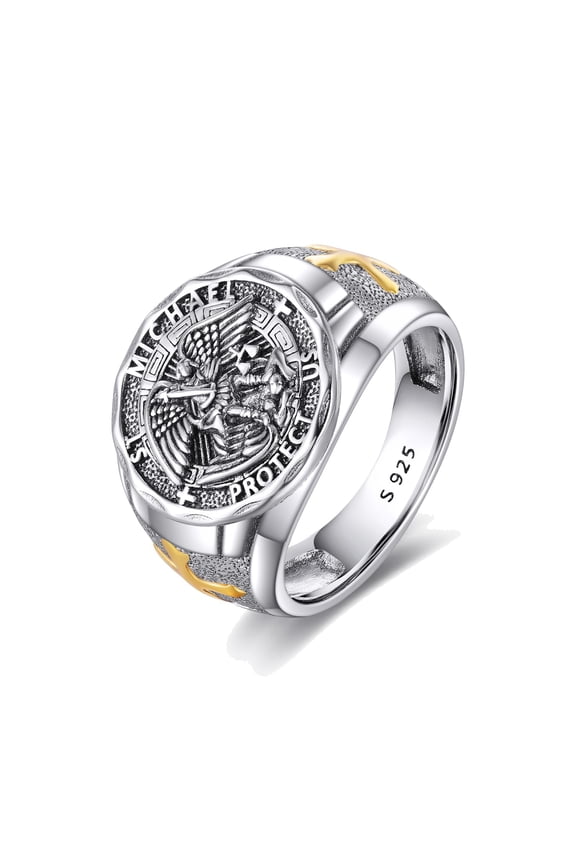 Saint Michael Ring Sterling Silver Religious Protector Ring St Michael Archangel Jewelry Gifts for Women Men (St Michael, 8)