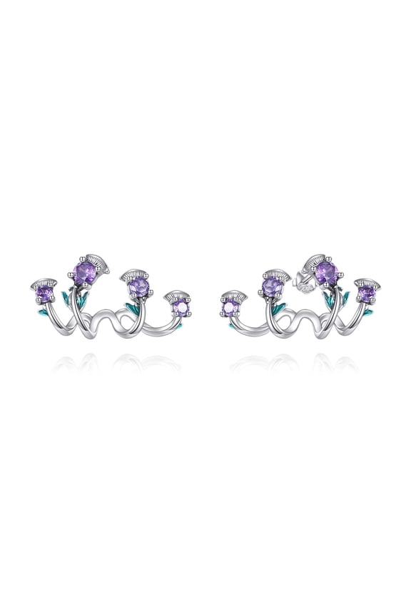 Scottish Thistle 925 Sterling Silver Earrings Studs Purple Flower Cuff Earrings Jewelry Gift for Women Birthday Christmas