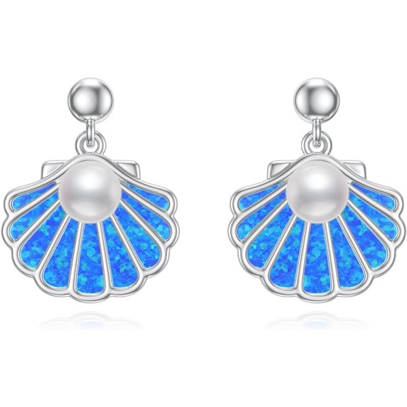 MYSTICPOEM Sea Shell 925 Sterling Silver Pearl Statement Stud Earrings for Women Blue Opal Ocean Jewelry Gifts for Beach Summer Vacation Birthday