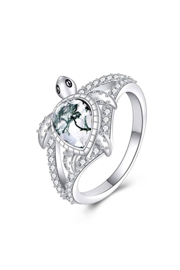 Sea Turtle Ring 925 Sterling Silver Moss Agate Turtle Ring Jewelry Gift for Women Size 7