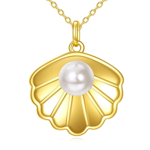 MYSTICPOEM Shell Pearl Necklace 925 Sterling Silver Gold-plated Pendant Necklace Seaside Holiday Jewelry Birthday Gift for Women Travel Gift Holiday Gift