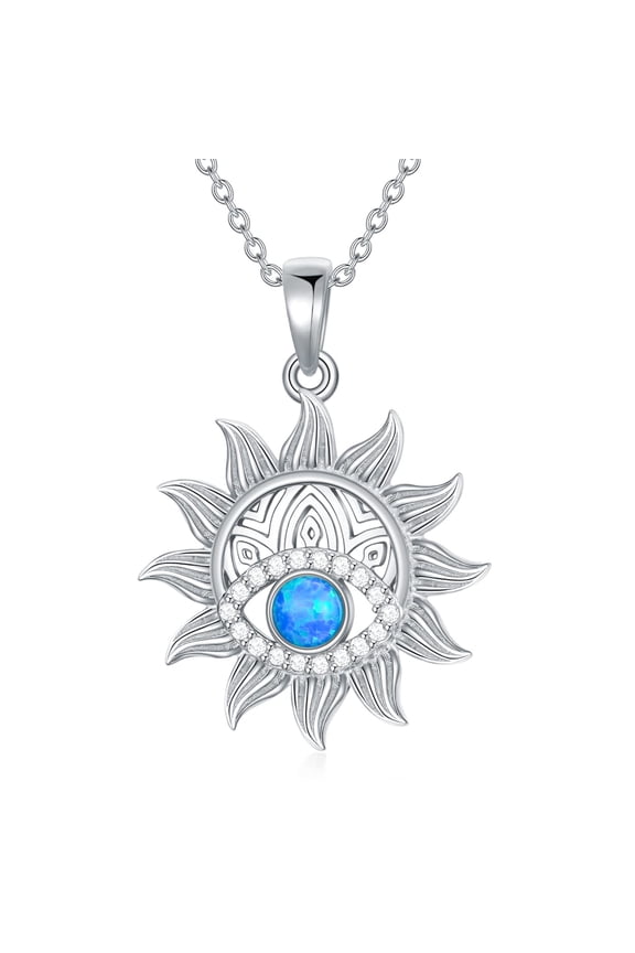 Silver Evil Eye Necklace 925 Sterling Silver Blue Opal Evil Eye Pendant Necklace Sun Luck Protection Jewelry Gift for Women