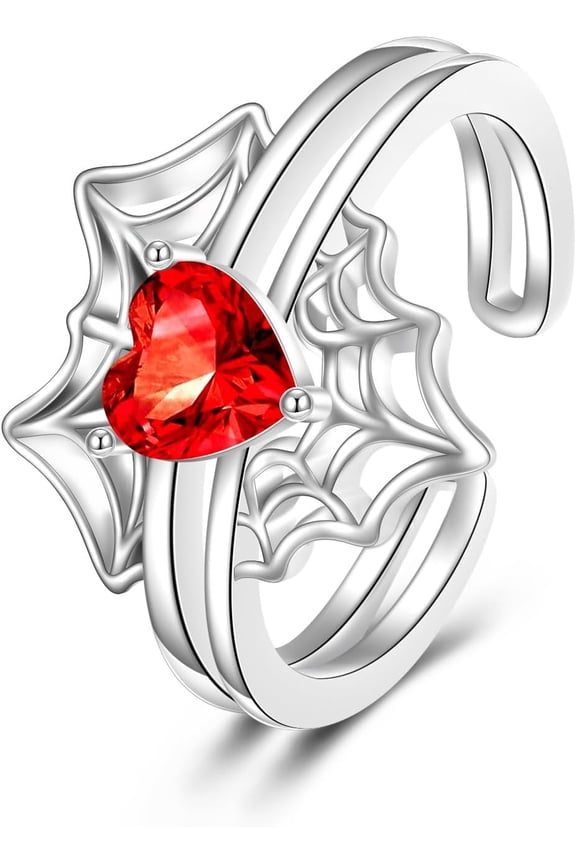 Spider Web 925 Sterling Silver Open Ring for Women Red Zirconia Adjustable Ring for Her Heart Shaped Jewelry Gothic Gift