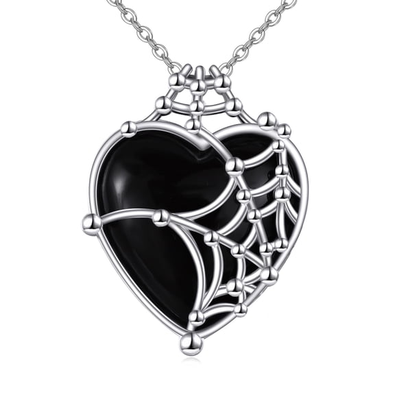 MYSTICPOEM Spider Web Necklace Black Witch Heart Pendant Sterling Silver Black Onyx Necklace Gothic Black Jewelry Gifts for Women Halloween (A-Spider Web Heart Necklace)