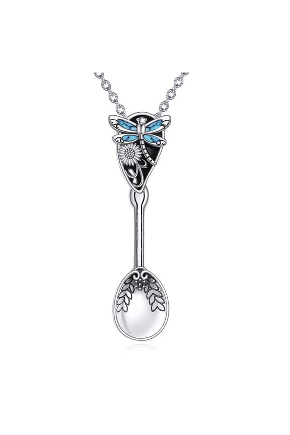 Spoon Necklace Sterling Silver Dragonfly Spoon Pendant Necklace for Women Men Jewelry Gifts