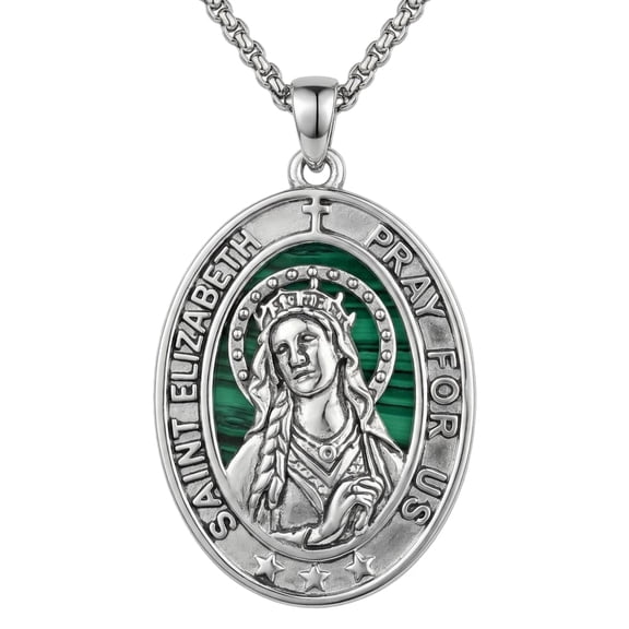 MYSTICPOEM St Saint Elizabeth of Hungary Medal Necklace Medalla De San Elias Pendant Catholic Religious Protection Jewelry Gifts with 22"+2" Rolo Chain (07-St Elizabeth (Oval Malachite))