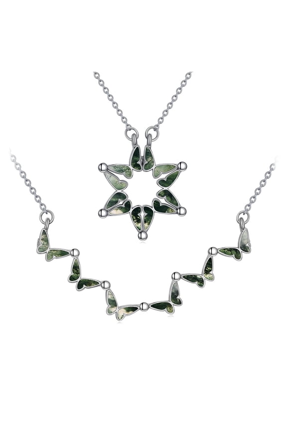Star of David Necklace Sterling Silver Natural Moss Agate Butterfly Folding Hexagram Pendant Necklace Jewellery for Women