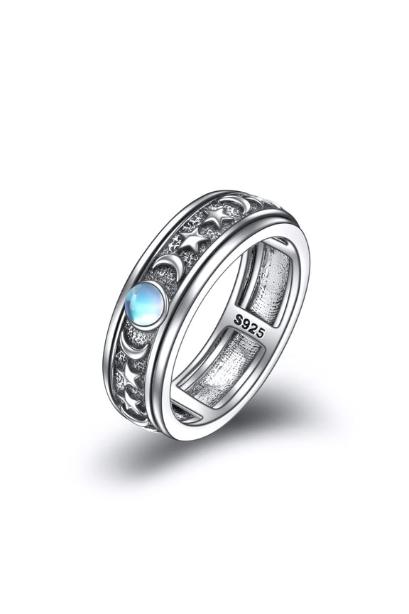 Sterling Silver Anxiety Spinner Rings Moonstone Moon And Star Ring Rotatable Mood Rings for Women Relieve Stress Gift 7 Size