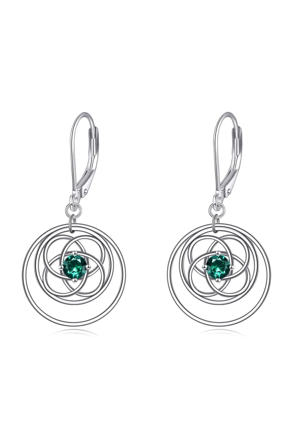 Sterling Silver Celtic Knot Earrings with Sparkling Emerald May Crystal Birthstone Celtic Leverback Dangle Earrings Irish St Patricks Day Jewelry Gift for Women