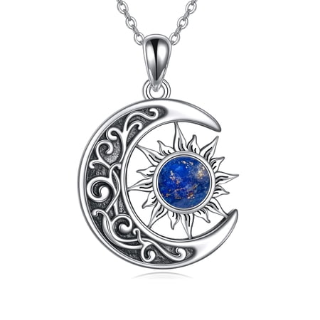 MYSTICPOEM Sterling Silver Celtic Moon Lapis Lazuli Pendant Necklace - Sun Jewelry Gift for Women
