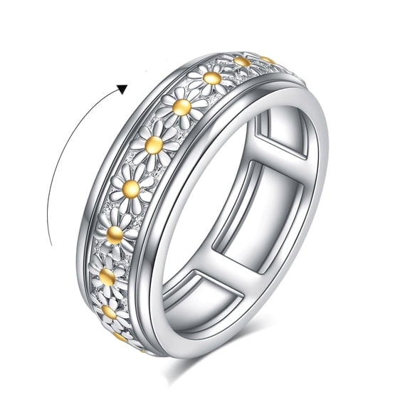 MYSTICPOEM Sterling Silver Daisy Flower Anxiety Spinner Rings Rotatable Mood Rings for Women Relieve Stress Gift(7 Size)