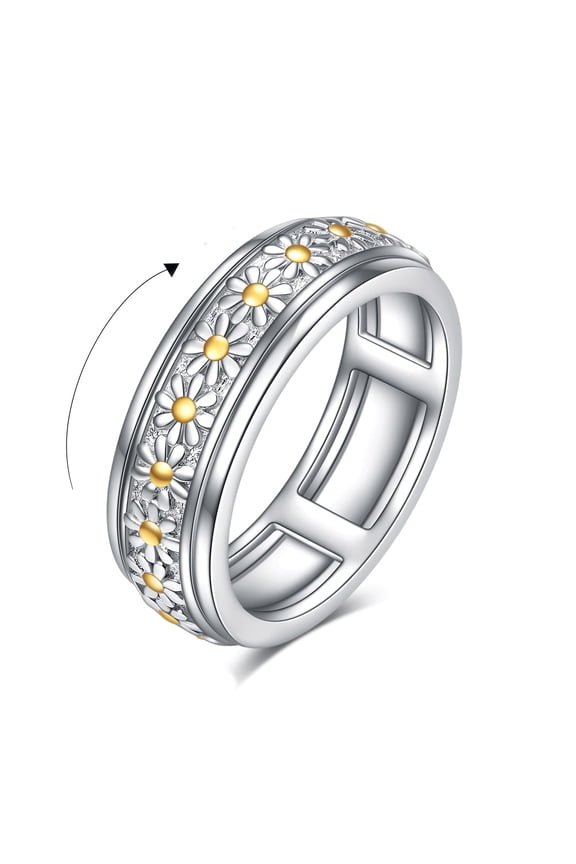Sterling Silver Daisy Flower Anxiety Spinner Rings Rotatable Mood Rings for Women Relieve Stress Gift(7 Size)
