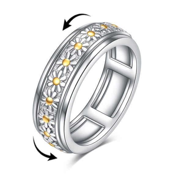 MYSTICPOEM Sterling Silver Daisy Flower Anxiety Spinner Rings Rotatable Mood Rings for Women Relieve Stress Gift(9 Size)