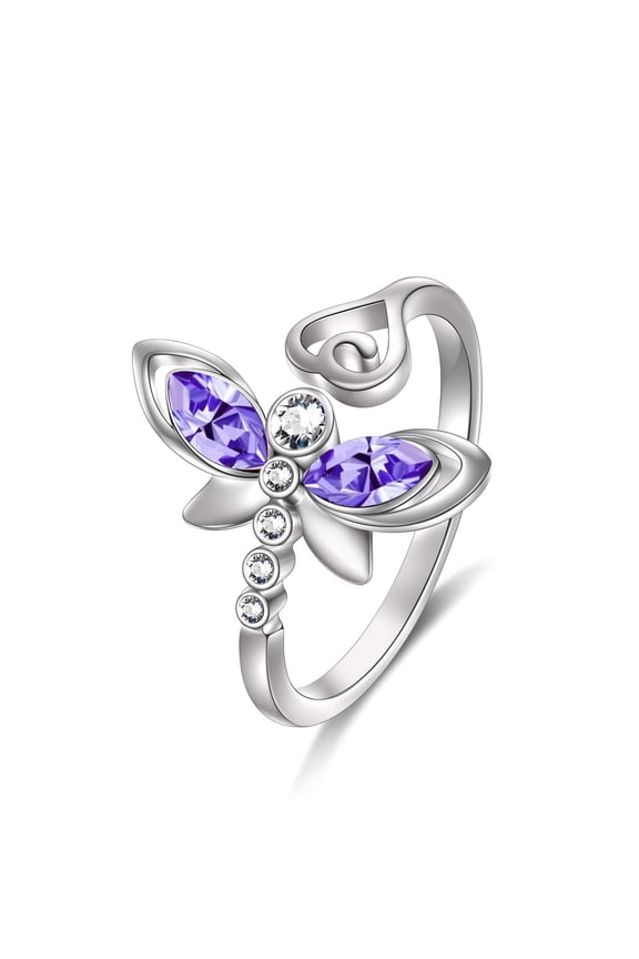 Sterling Silver Dragonfly Adjustable Open Ring, Crystals from Austria, Adorable Insects in My Little Garden Series, Fine Jewelry Gifts for Women-3