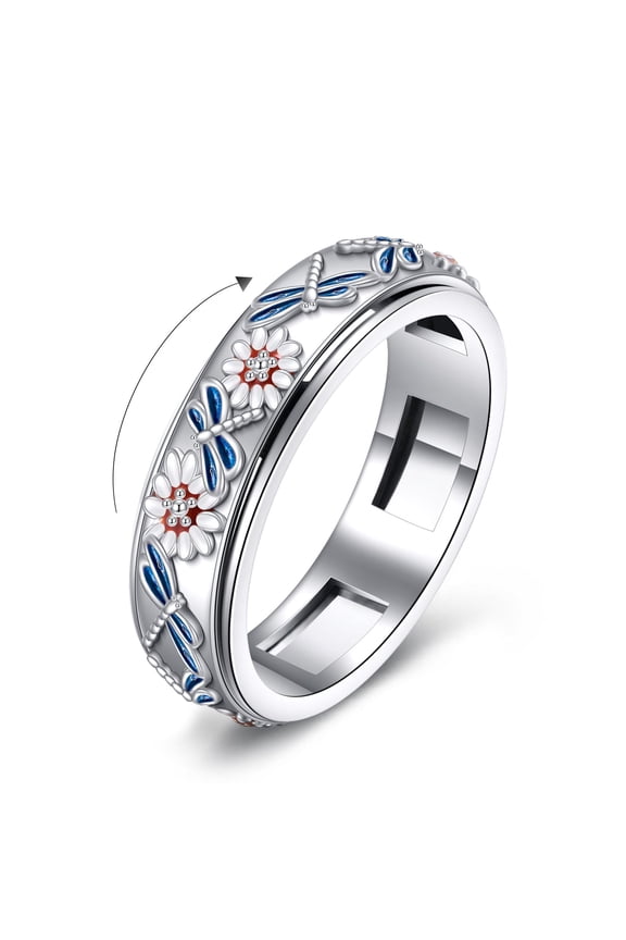 Sterling Silver Dragonfly Flower Spinner Rings Dragonfly Fidget Rotatable Mood Rings for Women Men 7 Size