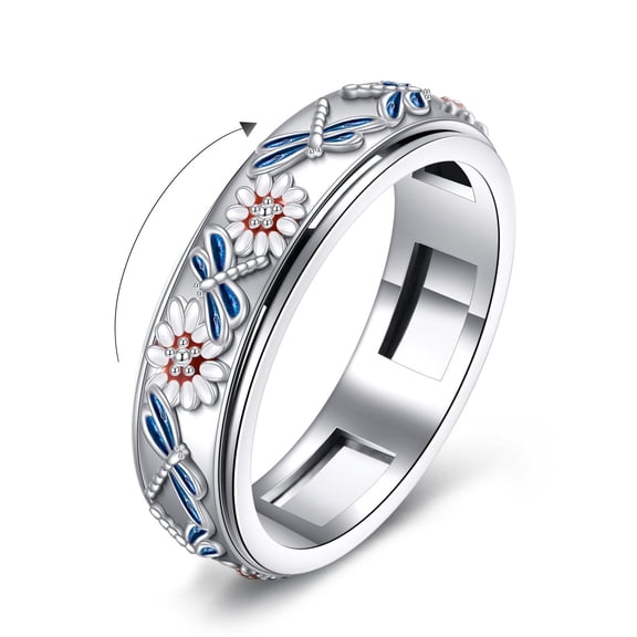 MYSTICPOEM Sterling Silver Dragonfly Flower Spinner Rings Dragonfly Fidget Rotatable Mood Rings for Women Men 8 Size
