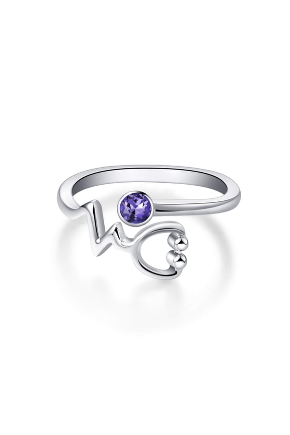 Sterling Silver EKG Heartbeat Stethoscope Ring with Simulated Amethyst Crystal from Austria, Doctor Nurse Gifts Medical Jewelry for Women, RN Gifts for Nurse(Purple)