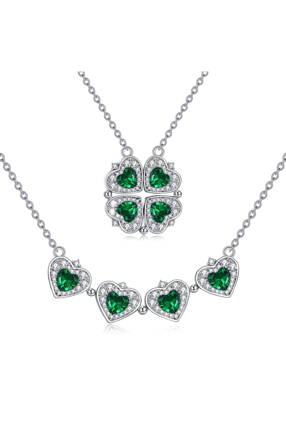 Sterling Silver Four Leaf Clover Necklace for Women Green Diamond Folding Heart Pendant Necklace Lucky Love Jewelry