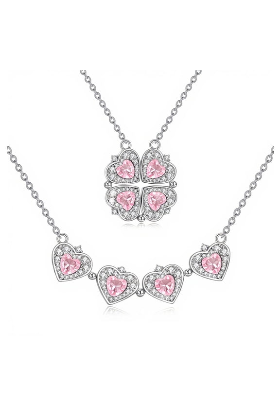 Sterling Silver Four Leaf Clover Necklace for Women Pink Diamond Folding Heart Pendant Necklace Lucky Love Jewelry