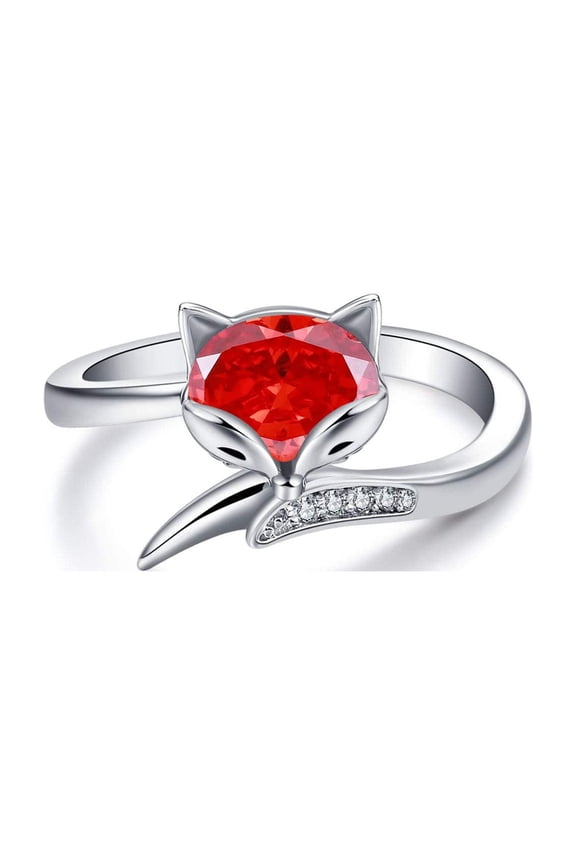 Sterling Silver Fox Ring for Women, Simulated Aquamarine Birthstone Crystal from Austria, Animal Fox Tail Adjustable Open Ring, Birthday Fox Jewelry Gifts for Foxes Lovers(Red)