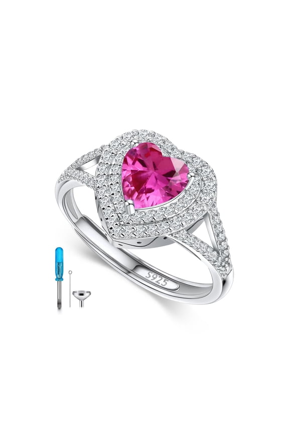 Sterling Silver Heart Birthstone Cremation Ring Holds Loved One's Ashes, Heart Urn Ring for Women, Memorial Keepsake Embellished with Austrian Crystals size 6-9