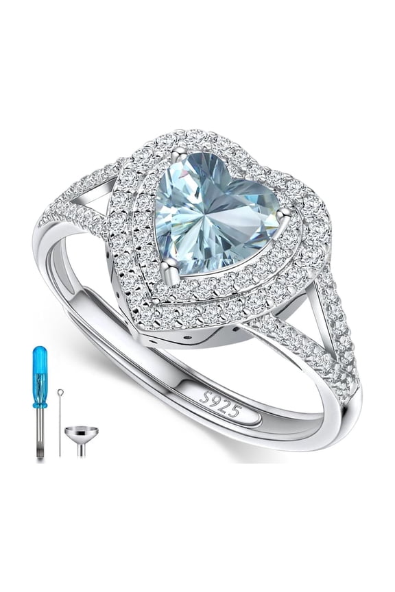 Sterling Silver Heart Birthstone Cremation Ring Holds Loved One's Ashes, Heart Urn Ring for Women, Memorial Keepsake Embellished with Austrian Crystals size 6-9