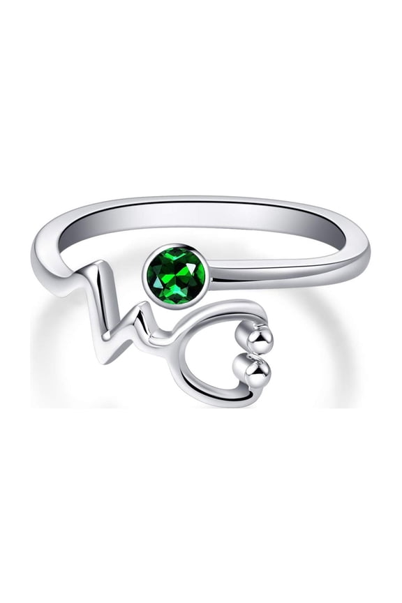 Sterling Silver Heartbeat EKG Stethoscope Ring Embellished with Simulated Emerald Crystal from Austria, Stethoscope Jewelry for Nurse