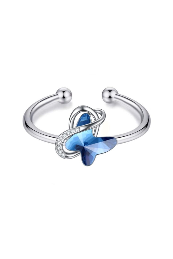 Sterling Silver Infinity Butterfly Ring Embellished with Crystals from Austria, Hypoallergenic Adjustable Size Open Ring, Fine Anniversary Gifts for Women (Blue)