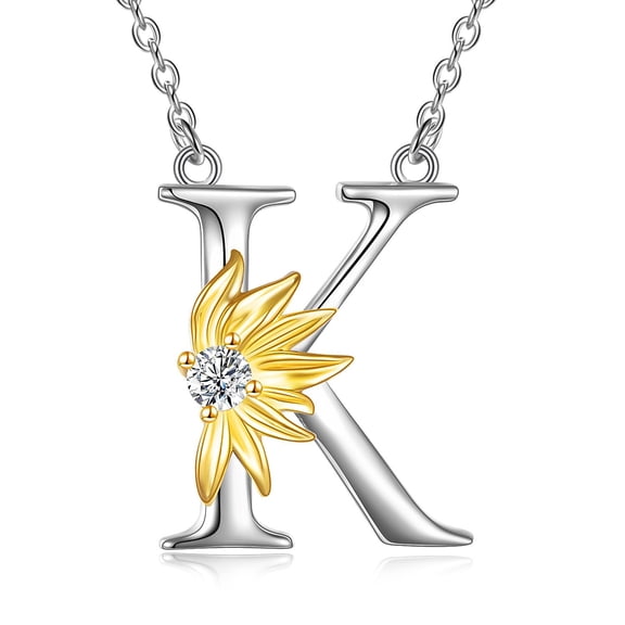 MYSTICPOEM Sterling Silver Initial K Alphabet Letter Script Name Pendant Chain Necklace for Women for (Sunflower K)