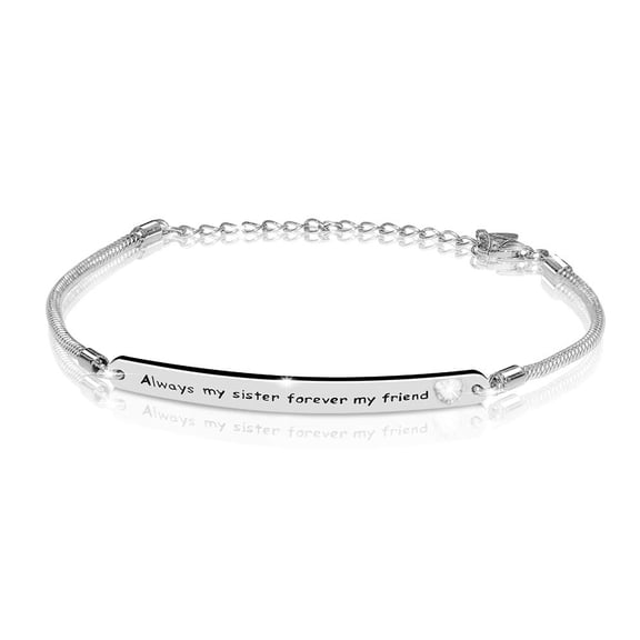 MYSTICPOEM Sterling Silver Sister Bracelet Embellished with Crystals from Austria, Always My Sister Forever My Friend, Inspirational Christmas Anniversary Birthday Jewelry Gifts for Best Friend