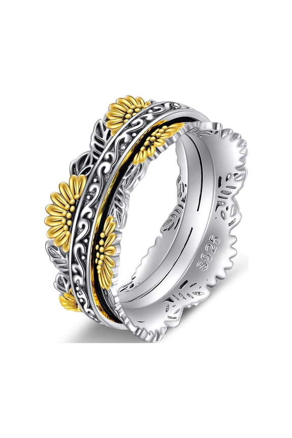 Sterling Silver Sunflower Flower Anxiety Spinner Rings Rotatable Fidget Mood Rings for Women Relieve Stress Gift 8 Size