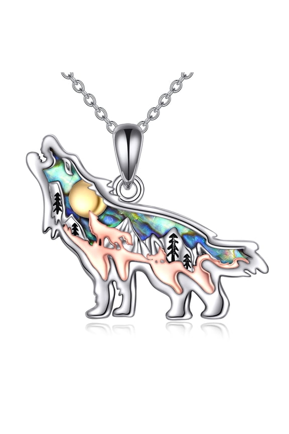 Sterling Silver Wolf Pendant Necklace with Mountain Jewelry Gifts for Women Men