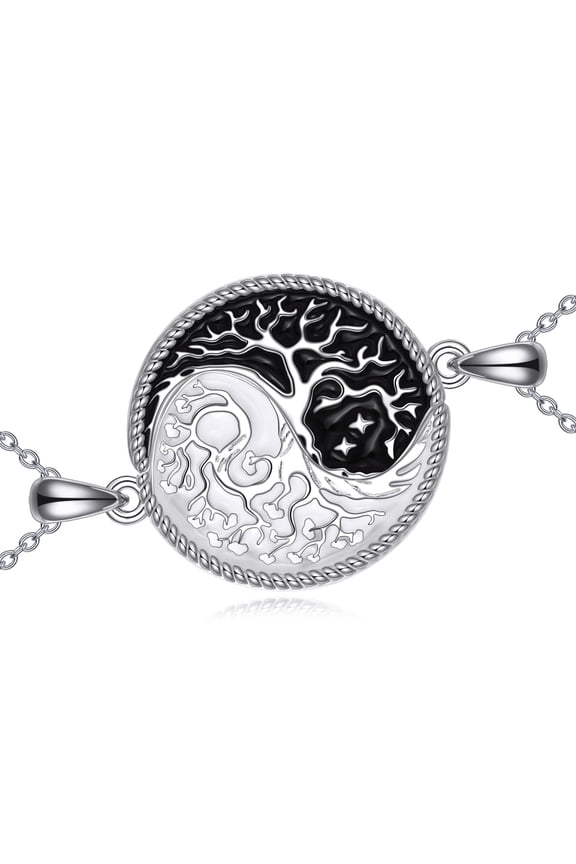 Sterling Silver Yin Yang Couple Necklace - Tree of Life Pendant for Women & Men, Matching BFF/Boyfriend Gift (925 Silver)