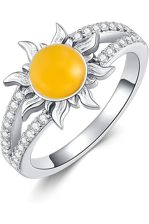 Sun Ring 925 Sterling Silver Amber Ring Sunshine Ring Jewelry Gift for Women (Ring Size 7-10)