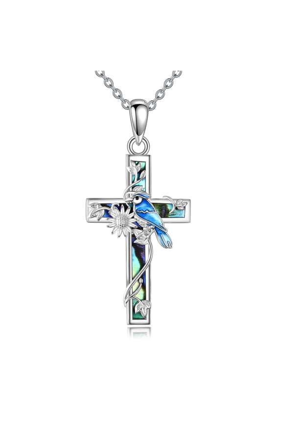 Sunflower Cross Necklace Sterling Silver Blue Jay Cross Pendant Abalone Shell Jewelry Religious Christian Baptism Gifts for Her Women